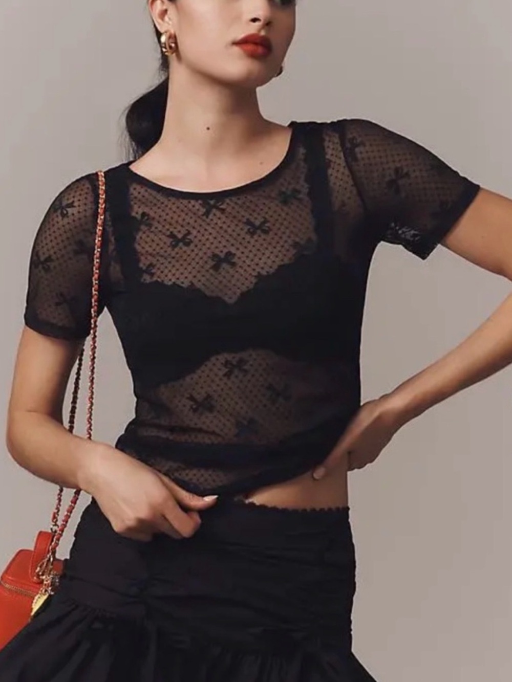 NWT Anthropologie Sheer Black Bow Short Sleeve Mesh Top